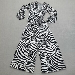 S.DEER Jumpsuit Zebra Print Wide Leg Long Sleeve V Neck Tie Waist One Piece NWT